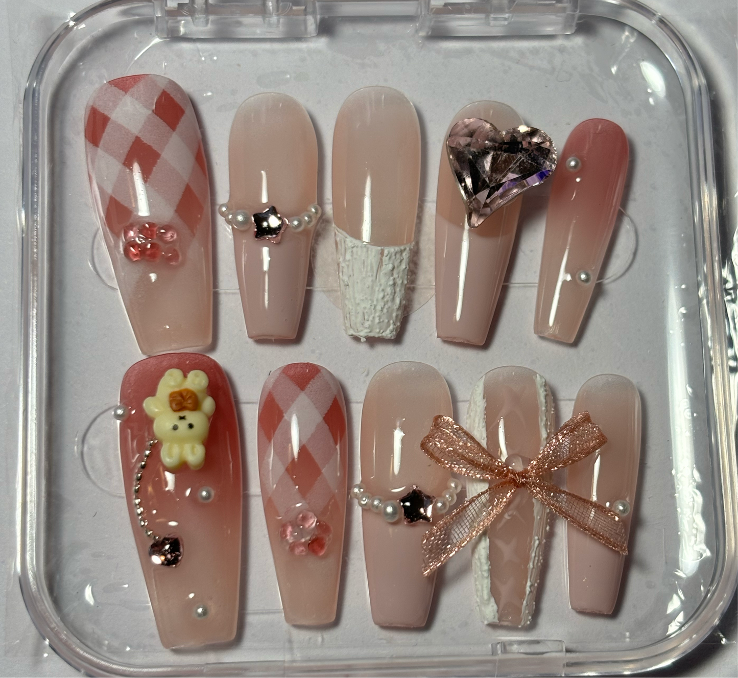 Coquette Pink Long Coffin Press-On Nails with Bows & Bear Charms