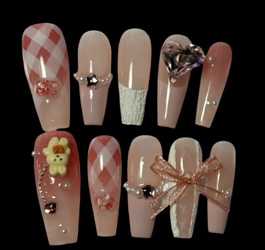 Coquette Pink Long Coffin Press-On Nails with Bows & Bear Charms