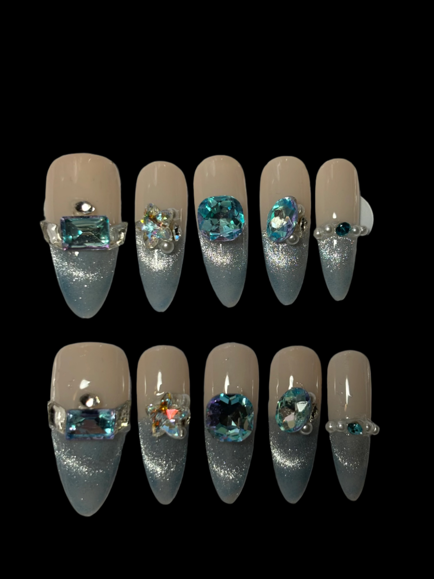 Blue Cat-Eye French Tip Press-On Nails – Almond Shape