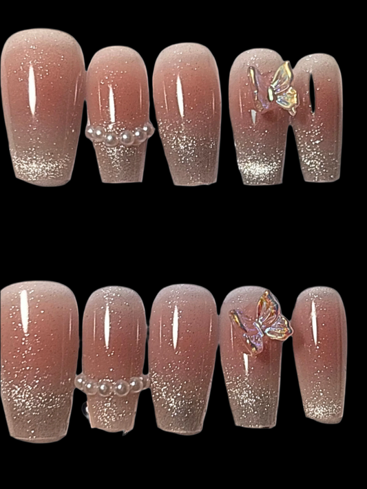 Short Butterfly Coffin Press-On Nails With Pearls & Butterfly Charm